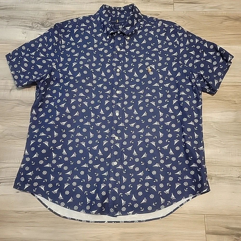 Polo Ralph Lauren Shirt‎ Mens XL Blue Classic Allover Geometric Anchor Sailboat